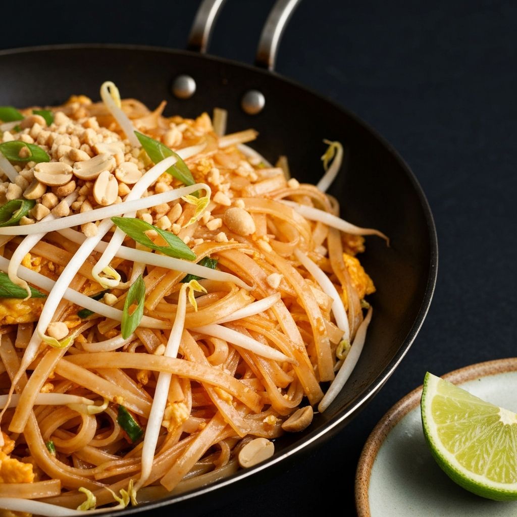 Golden pad thai noodles with bean sprouts, peanuts and lime wedge