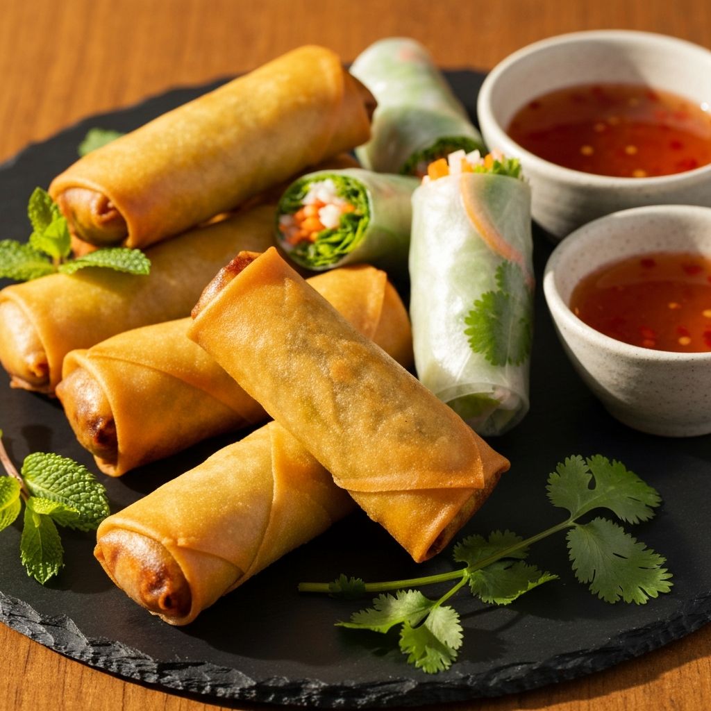 Crispy Thai spring rolls and fresh summer rolls with sweet chilli dipping sauce