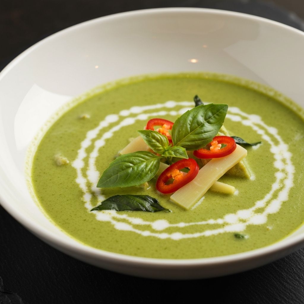 Vibrant Thai green curry in a white bowl with fresh basil and coconut cream